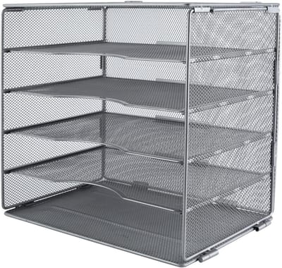 Desktop 5 Tier A4 Mesh in Drawer Office Desk Tidy - Bestanden Organizer, Tijdschriftenhouder en Papieren Opslag Rack, Zilver