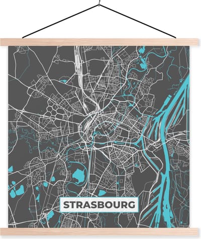 Posterhanger incl. Poster 40x40 cm - Schoolplaat - Strasbourg - Frankrijk - Plattegrond - Stadskaart - Kaart - Textielposter - Blanke latten - Stadskaart