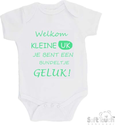 100% katoenen Romper "Welkom kleine uk, je bent een bundeltje geluk" Unisex Katoen Wit/mint Maat 62/68