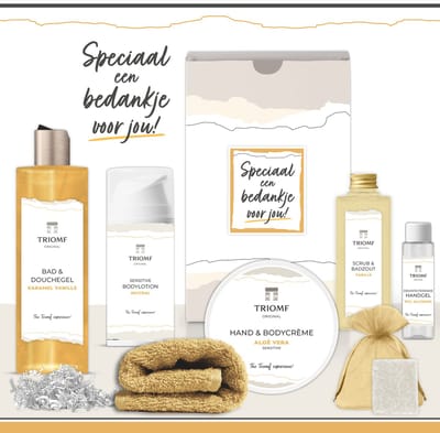 Geschenkset “Speciaal een bedankje voor Jou!” - 7 producten - 850 gram | Triomf Original - Giftset voor haar - Bedankt Cadeau Pakket - Geschenk Luxe wellness cadeaubox - Cadeaupakket Vrouw - Gift Set Goede hulp Collega Zorgwerk Vrijwilliger Goud Geel