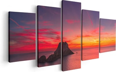 Artaza Canvas Schilderij Vijfluik Ibiza Rotsen Eiland bij Zonsondergang - 100x50 - Foto Op Canvas - Canvas Print