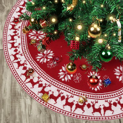 Bordeauxrode Gebreide Kerstboomrok met Sneeuwvlokken en Rendieren - Grote Decoratie voor Kerstboom, Feestelijke Versiering en Kerstdecoraties (120 cm)