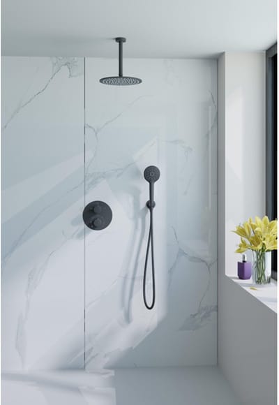 FugaFlow Eccelente Acces Inbouw Regendoucheset - rond - thermostatisch - plafondarm - 25cm hoofddouche - ronde handdouche - gladde slang - mat zwart
