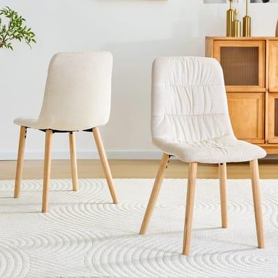 HAUSS SPOLE Eetkamerstoel - Set Van 2 - Ergonomisch Met Geplooide Rugleuning En Massief Houten Poten - Voor Eetkamer En Keuken - Witte Stof