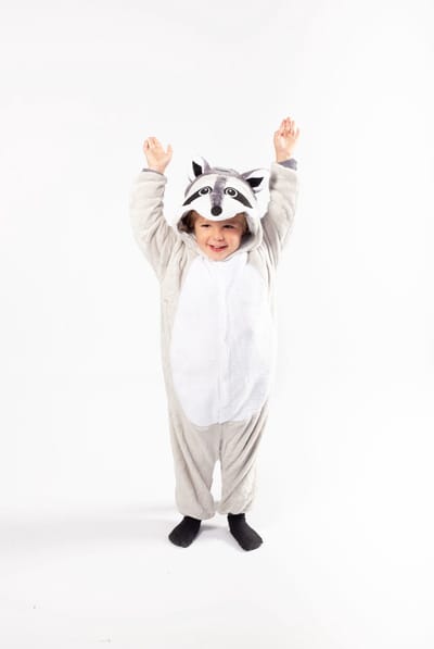 KIMU® Onesie Grijze Wasbeer Pakje - Maat 74-80 - Wasbeerpak Kostuum Grijs Pak - Peuter Boxpakje Pyjama Huispak Jongen Meisje Overall Fleece Festival