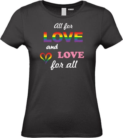Dames T-shirt Love For All | Gay pride shirt kleding | Regenboog kleuren | LGBTQ | Zwart dames | maat XS