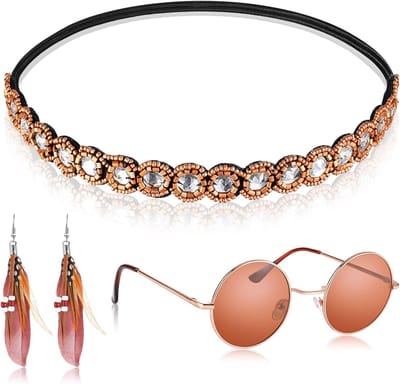 Hippie Kostuum Set voor Vrouwen met 4 Stuks - Bohemian Accessoires, Inclusief Zonnebril, Haarband en Oorbellen voor 70s Feestjes en Themadagen