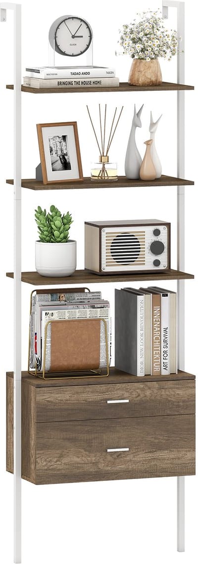 COSTWAY Ladderrek met 6 verdiepingen met 2 laden, wandgemonteerde boekenkast met metalen frame, moderne open plank voor opslag en presentatie voor woonkamer, kantoor (grijs)
