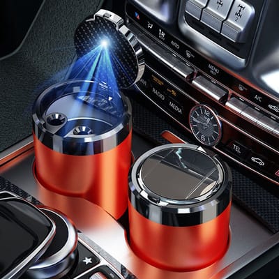 Auto Asbak met LED - Rookbestendig - Geurafsluitend - 1-Seconden Openen - Voor Autohouder -9.7*7.5cm-Rode, keramische binnenvoering