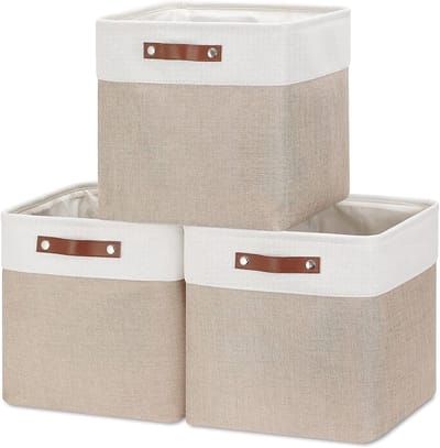 Opvouwbare Opbergdozen van Linnen, 25 cm Vierkante Opbergmanden met Leren Handvatten, 3-Pack (Licht Khaki en Wit) voor Organisatie en Ruimtebesparing