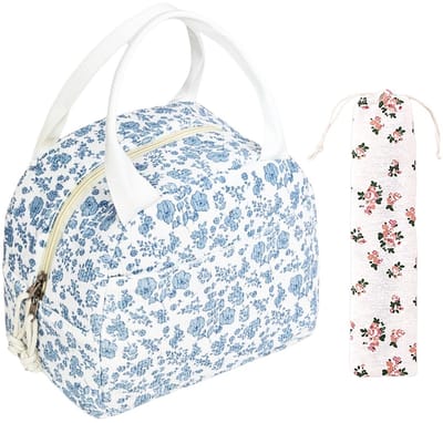 Dailygoods - 1 Stuk Bloem Lunch Tas En 1 Stuk Servies Opbergtas, Bedrukte Geïsoleerde Tas, Leuke Geïsoleerde Lunch Tas, Handige Lunch Opbergtas (Wit, Roze).