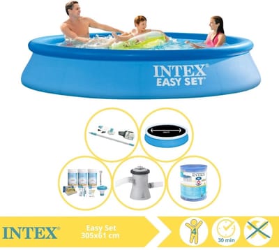 Intex Rond Opblaasbaar Easy Set Zwembad - 305 x 61 cm - Blauw - Inclusief Solarzeil - Onderhoudspakket - Zwembadfilterpomp - Filter - Stofzuiger - 6-delig