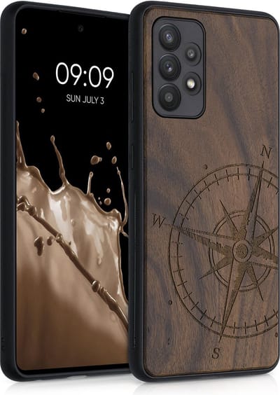 kwmobile telefoonhoesje geschikt voorSamsung Galaxy A52 / A52 5G / A52s 5G - Hoesje met bumper - hout - In donkerbruin Vintage Kompas design