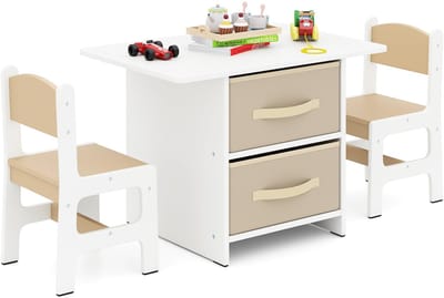 COSTWAY Kindertafel met 2 stoelen, 3-delig. Houten kinderzitgroep met 2 afneembare manden, breed tafelblad & puzzel, activiteitstafel schildertafel met opbergruimte voor kinderen vanaf 3 jaar (beige)