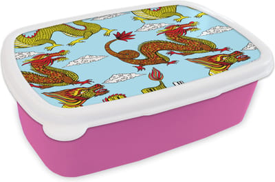 Broodtrommel Roze - Lunchbox - Brooddoos - Draak - Chinees - Patronen - 18x12x6 cm - Kinderen - Meisje