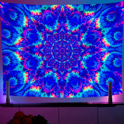 Wandtapijt, mandala, 150 x 200 cm, oplichtend in het donker, psychedelisch boho-wandtapijt, kleurrijke achtergrond, Boheemse kamerdecoratie, hippie wandposters voor slaapkamer