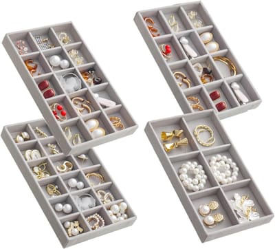 Sieraden Organizer Set van 4 voor Lade, Velours Sieraden Tray en Oorbellen Opbergdoos (Grijs) - Perfect voor Sieradenopslag, Organisatie en Decoratie