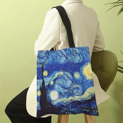 Van Gogh Serie Linnen Tas Olieverf Sterrennacht Zonnebloem Abrikozenbloem Koffiehouder Handtas Lichtgewicht Schoudertas gray