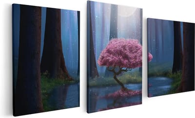 Artaza Canvas Schilderij Drieluik Roze Boom Op Een Vijver In De Nacht - 120x60 - Foto Op Canvas - Canvas Print