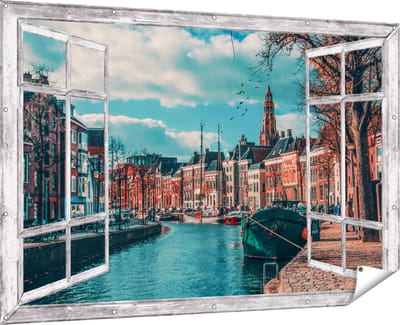Gards Tuinposter Doorkijk Gracht in Groningen - 180x120 cm - Tuindoek - Tuindecoratie - Wanddecoratie buiten - Tuinschilderij