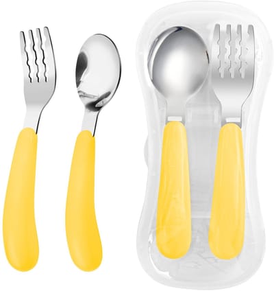 Dailygoods - VANRA 2 Stuks Peuter Vork en Lepel Set met Reiskoffer 18/8 Roestvrij Staal Peuter Gebruiksvoorwerpen Kinderen Zilverwerk Kinderen Bestek Set voor School Lunch Box (Geel)
