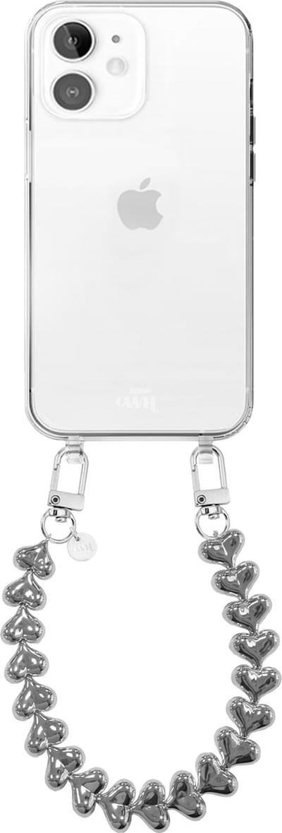 xoxo Wildhearts siliconen hoesje geschikt voor iPhone 12 hoesje - Funky Hearts - Telefoonhoesje - Hoesje met koord - Zilver koord - kort telefoonkoord - Hartjes ketting - Transparant hoesje