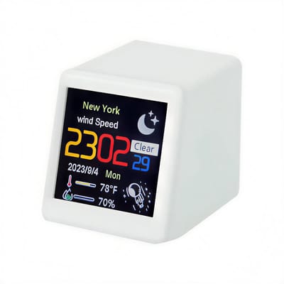 Klein Draagbaar Slim Wifi Weerstation – Temperatuur, Vochtigheid, Hygrometer, Digitale Tijd, Wekker, Binnen- en Buitentemperatuur, Desktopdecoratie, Bureau Gadget voor Thuis, Kantoor, Slaapkamer en Keuken- WIT