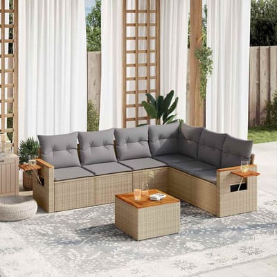 vidaXL - 7-delige - Loungeset - met - kussens - poly - rattan - beige