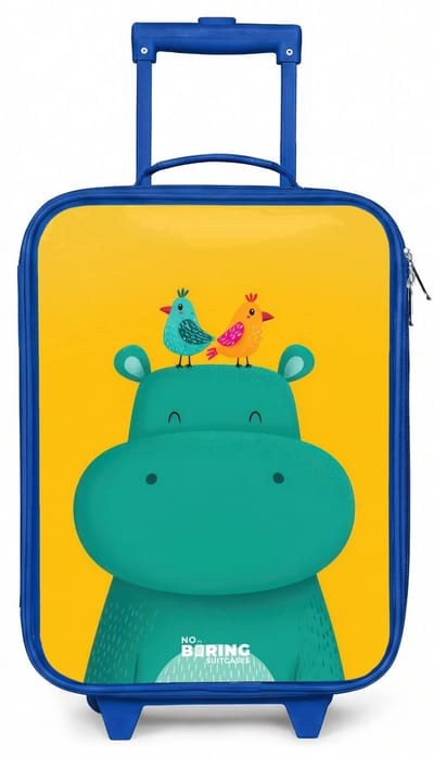 NoBoringSuitcases.com® - Kinderkoffer blauw - Kindertrolley jongen - Nijlpaard - Vogels - Geel - Koffer kind lichtgewicht - Reiskoffer trolley voor kinderen - Koffertje met lichtgevende wieltjes - Rolkoffer