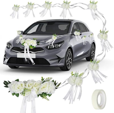 Witte Auto Versiering voor Bruiloften met Zuignappen - Inclusief 9 Bossen Zijde Bloemen, Perfect voor Ceremonies en Recepties