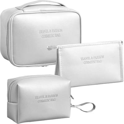 Famanu - Dames draagbare reis-make-up tas PU waterdichte make-uptas dames toilettas, zilver, Modern minimalistisch