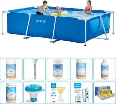 Intex Rechthoekig Frame Zwembad - 300 x 200 x 75 cm - Blauw - Inclusief Chloor - Chloordrijver - Testrips - Reparatiesetje - Scrubborstel - PH-min - PH-plus - Thermometer - Anti Alg - 11-delig
