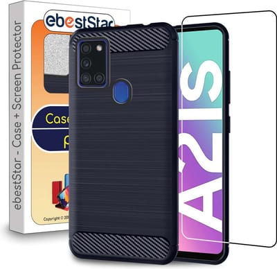 ebestStar - Hoes geschikt voor Samsung Galaxy A21S, TPU Bescherming Cover, Koolstof Design Hoesje, Donkerblauw + Gehard Glas