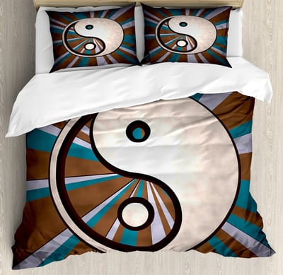 ABAKUHAUS Ying Yang dekbedovertrekset, topkwaliteit zacht en warm driedelig dekbedovertrek met 2 kussenslopen, tweepersoonsbed, bruin wit-blauw