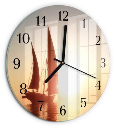Tulup Wandklok - Zeilboot Decoratieve Glazen Klok - 30fi cm - Veelkleurig Glazen Wandklok Design - Zwarte Handen - Ronde Wandklok - Glazen Klok Met Print - Wandklok Glas Met Motief
