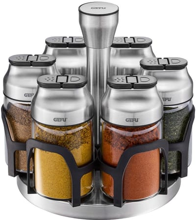 GEFU KIPPO Kruidenrek met 6 Kruidenstrooiers – Draaibaar Kruiden Carrousel – RVS & Borosilicaatglas