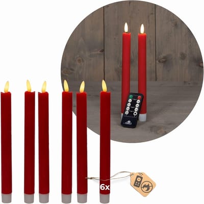 LED-kaarsen met timer ROOD, 6 stuks voor binnen - 6 uur - ECHTE WAS Hoogte 18 cm voor kaarsen Diameter 2,2 cm 2 AAA-batterijen vereist LED-kaarsen, set van 4, ROOD (twee keer) bewegend vlamlicht