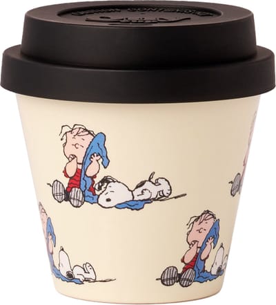 Quy Cup - 90ml Ecologische Reis Beker - Espressobeker "Peanuts Snoopy 7 Copertina” met zwart Siliconen deksel 7x7x7cm