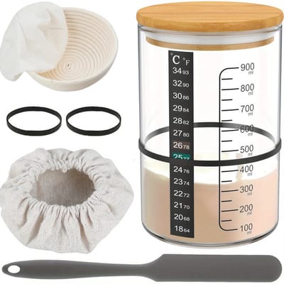 Dutchers.® Zuurdesem Starter Set - Zuurdesempot - INCL. Rijsmandje, Antibacterieel & Absorberend - Accessoires - Complete Set - Deegmand - Zuurdesem Starter - Rijsmandje Broodbakken - Rijsmand - Zuurdesem - Zuurdesem Starter Set - Rijsmand - Banneton