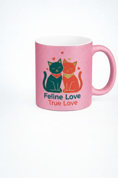 Roze Glitter Mok met 'Feline Love True Love' Katten Design - Ideaal Cadeau voor Kattenliefhebbers