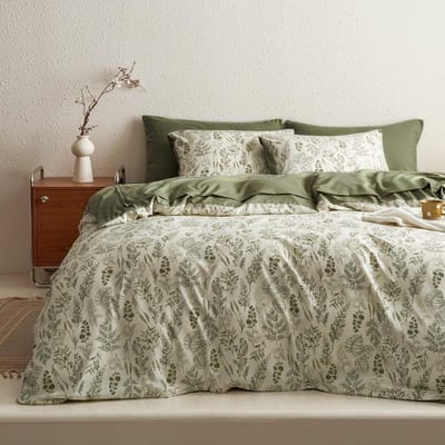 SolidKeus - Beddengoed Set 155 x 220 cm met Groene Bloemen en Bladeren, Inclusief Dekbedovertrek en 1 Kussensloop