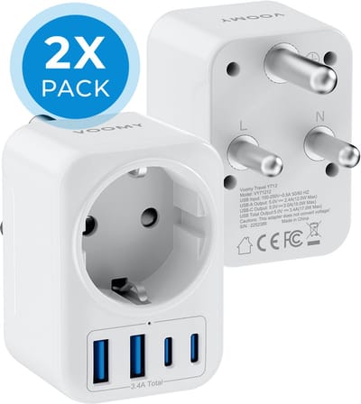 Voomy Reisstekker Zuid Afrika 2x Pack - Met 2 Usb-C & 2 Usb-A - Wereldstekker Type M - Geschikt voor Zuid-Afrika, India, Nepal, Maleisie, Namibie, Sri Lanka, Singapore - Wit