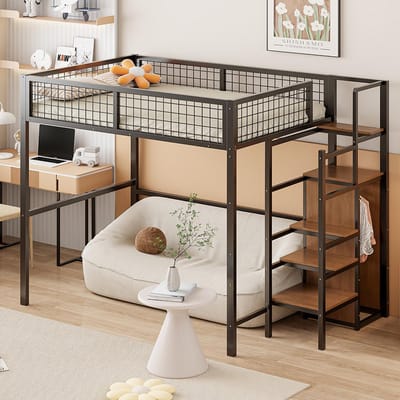 Mezzaninebed 140x200 cm met ladder dubbel kinderbed met ijzeren frame en opberg plank kast zwart