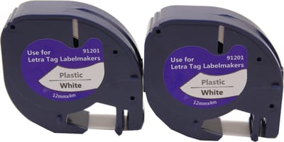 KATRIZ® huismerk label tape voor Dymo 91201 | DYMO LETRATAG LetraTag 100H/LetraTag 100T/LetraTag 2000/LetraTag QX54 | Zwart op Wit | 12mm*4m | 2 stuks