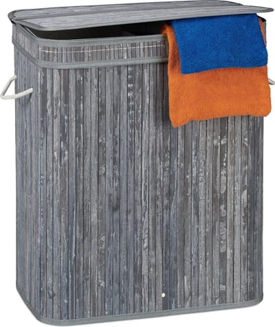 Bamboe wasmand met deksel - 2 vakken - 70 L - grijs