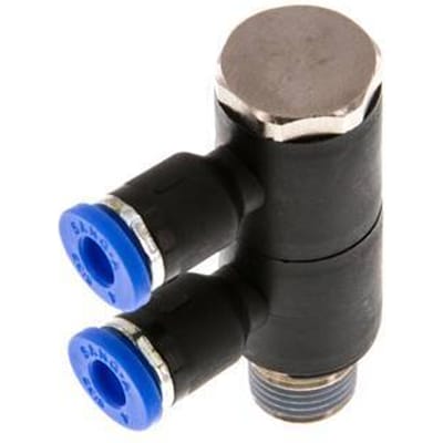 4mm x R1/8'' 2-way Manifold Messing/PA 66 Insteekfitting Buitendraad Draaibaar NBR
