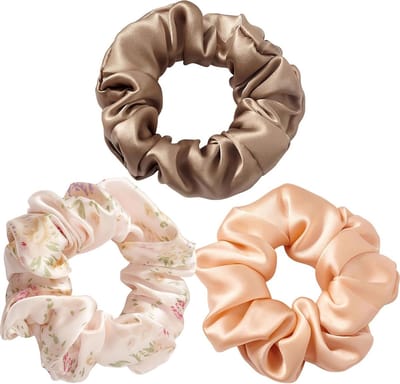 Set van 3 Zijden Haarbanden voor Vrouwen - Antibreak, Zacht en Geen Strepen Haaraccessoires voor Meisjes (Roze, Bloem, Champagne)