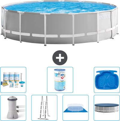 Intex Rond Prism Frame Zwembad - 457 x 122 cm - Grijs - Inclusief Pomp - Ladder - Grondzeil - Afdekzeil Onderhoudspakket - Filter - Voetenbad