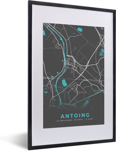 Fotolijst incl. Poster - België – Antoing – Stadskaart – Kaart – Blauw – Plattegrond - 40x60 cm - Posterlijst
