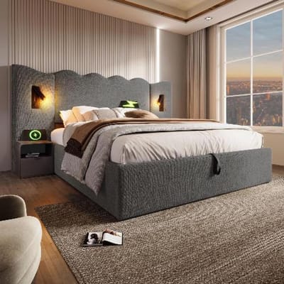 BLACK COLORS Gestoffeerd bed 180x200 cm met opbergruimte, leeslamp en USB Type-C, linnen Grijs